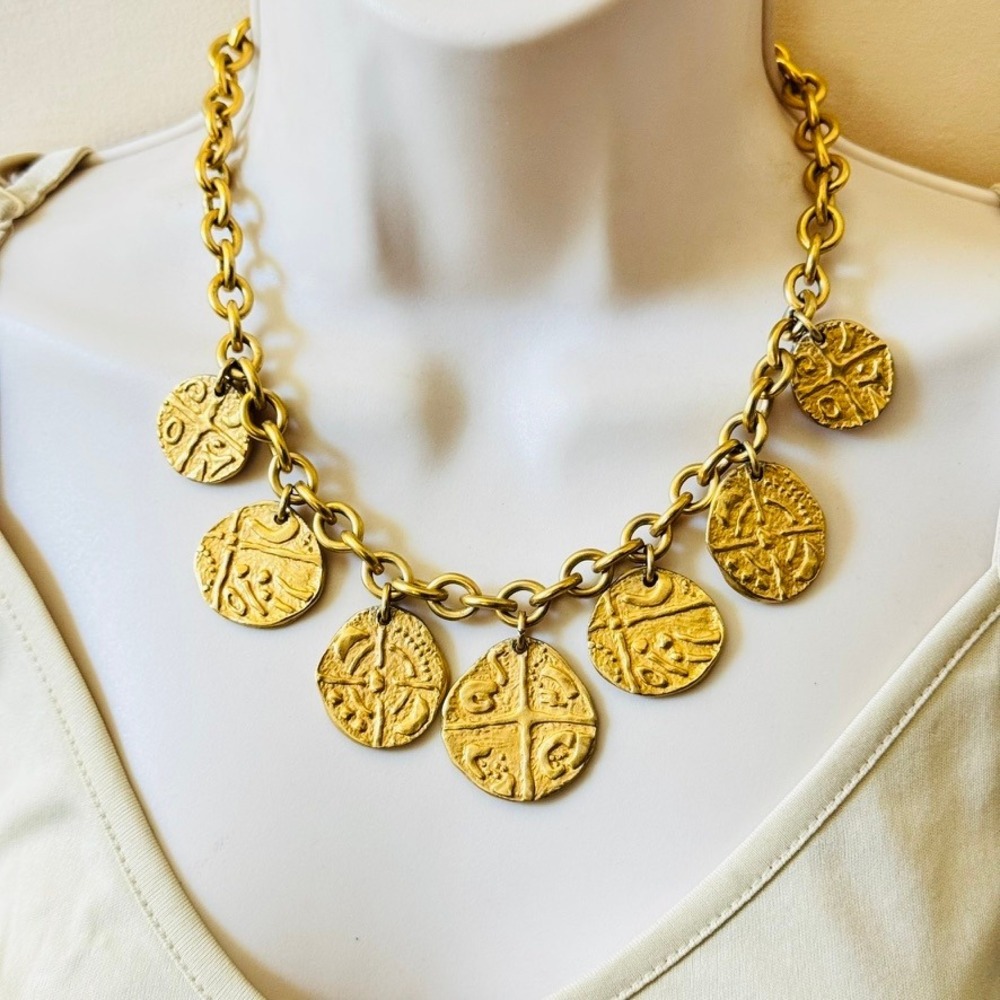 Monet Signed Roman Coin Necklace VTG Runway Couture Satin Gold Plated 17.5"
